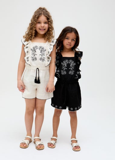 Raffya Kids Ecru Philo Ruffle Neck Embroidered Playsuit (3-9 Years)