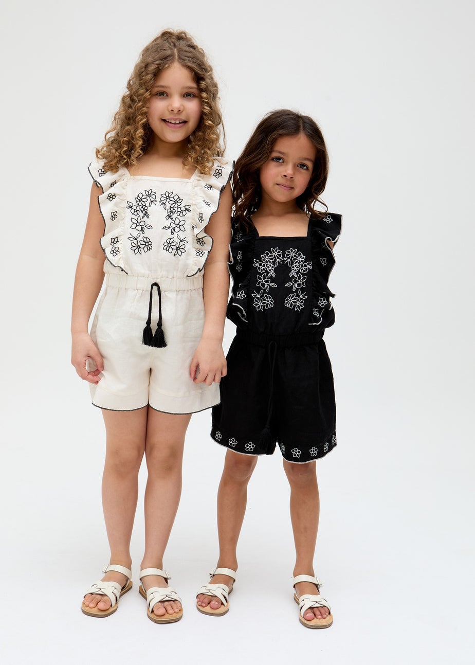 Raffya Kids Ecru Philo Ruffle Neck Embroidered Playsuit (3-9 Years)