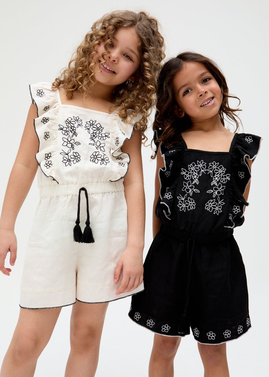 Raffya Kids Ecru Philo Ruffle Neck Embroidered Playsuit (3-9 Years)