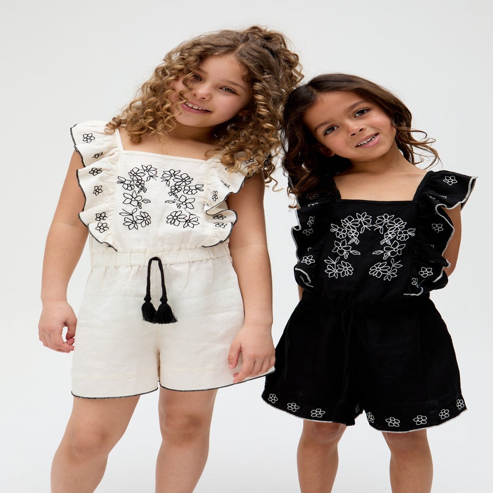 Raffya Kids Ecru Philo Ruffle Neck Embroidered Playsuit (3-9 Years)