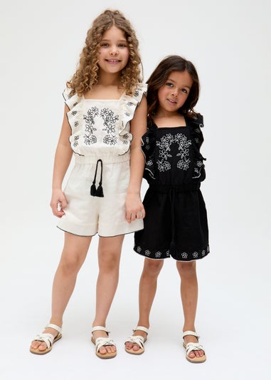 Raffya Kids Ecru Philo Ruffle Neck Embroidered Playsuit (3-9 Years)