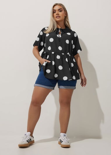 LIMITED COLLECTION Curve Black Polka Dot Tie Front Collared Top