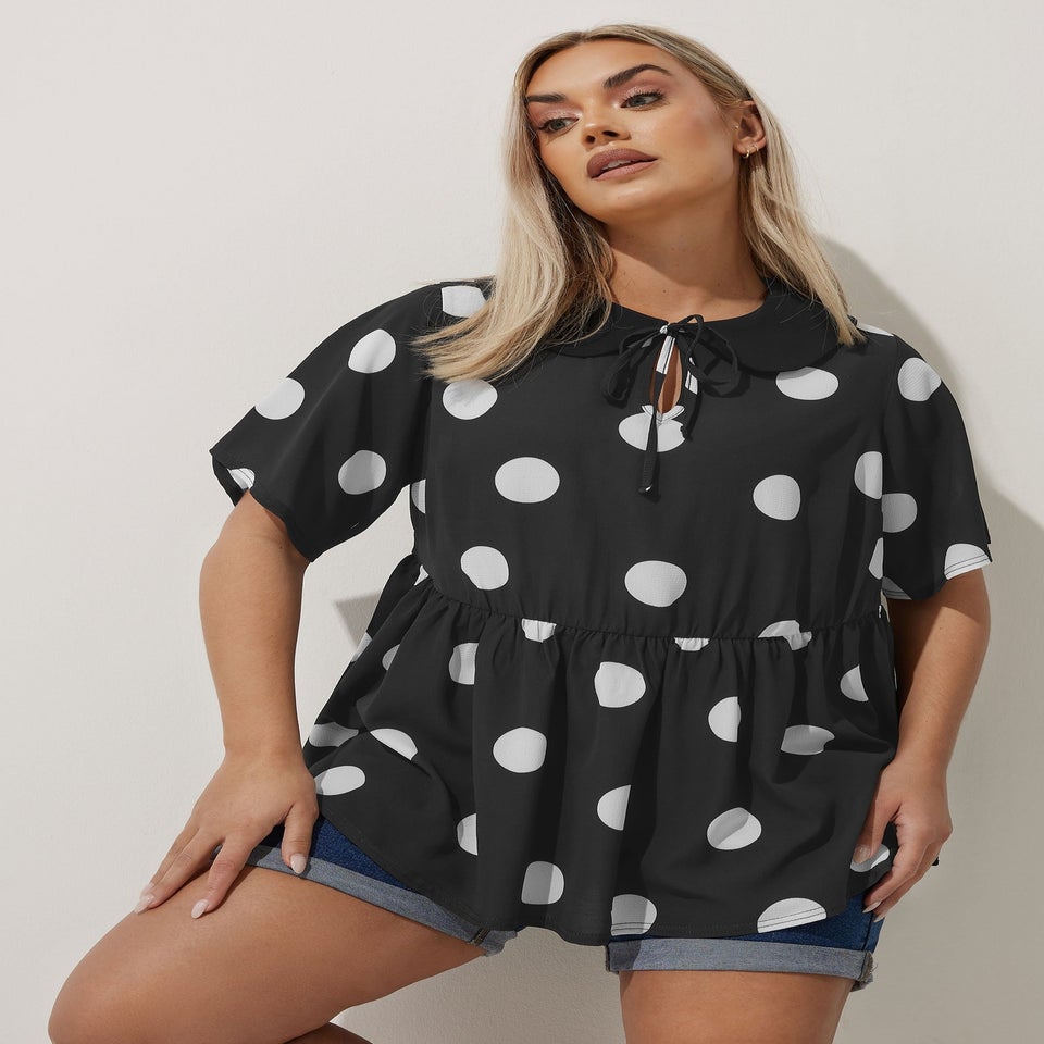 LIMITED COLLECTION Curve Black Polka Dot Tie Front Collared Top