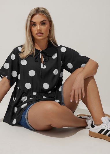 LIMITED COLLECTION Curve Black Polka Dot Tie Front Collared Top