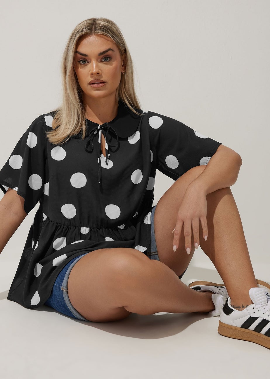 LIMITED COLLECTION Curve Black Polka Dot Tie Front Collared Top