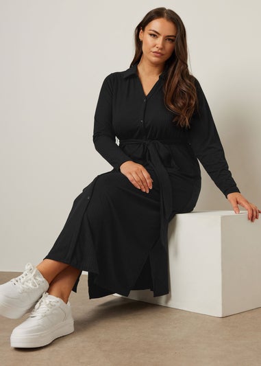 Yours Curve Black Ribbed Tie Waist Shirt Dress