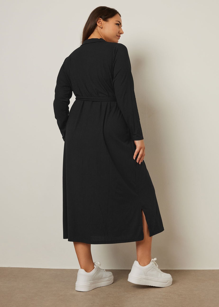 Yours Curve Black Ribbed Tie Waist Shirt Dress