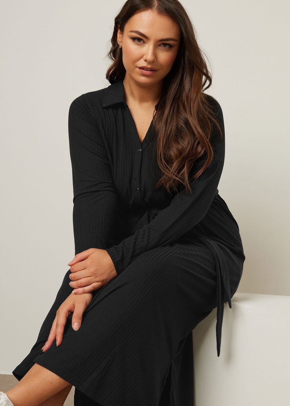 Yours Curve Black Ribbed Tie Waist Shirt Dress