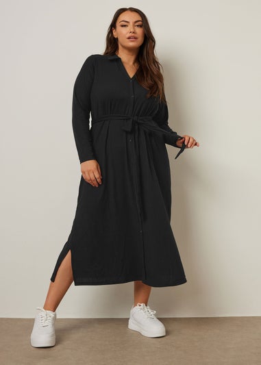 Yours Curve Black Ribbed Tie Waist Shirt Dress