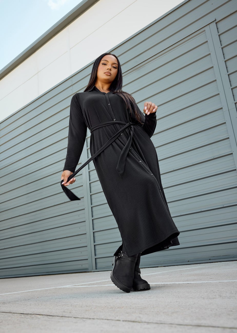 Yours Curve Black Ribbed Tie Waist Shirt Dress