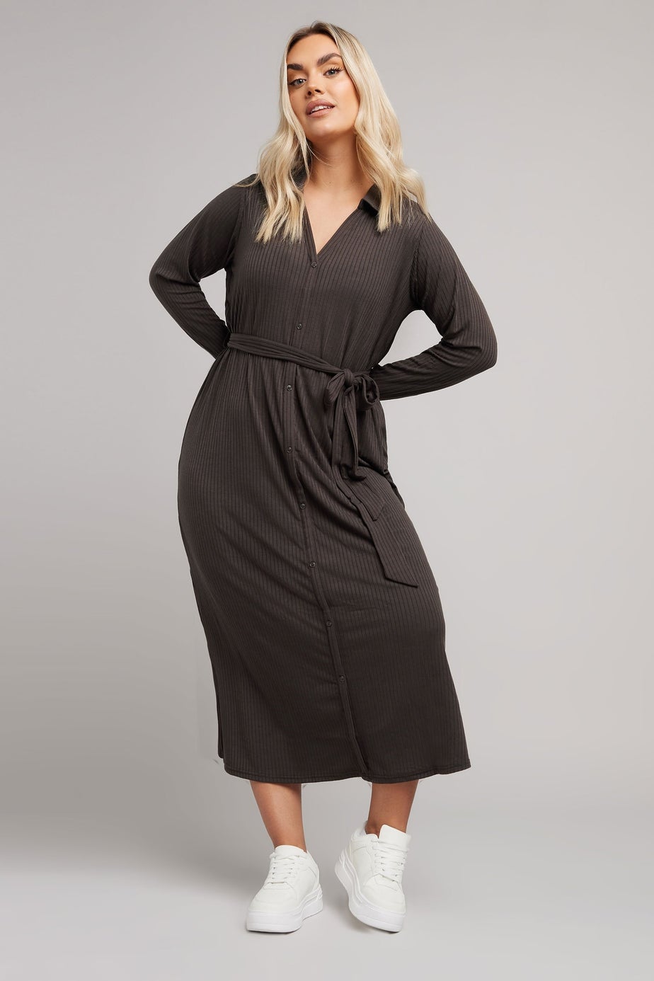 Yours Curve Chocolate Brown Button Front Ribbed Tie Waist Midi Dress