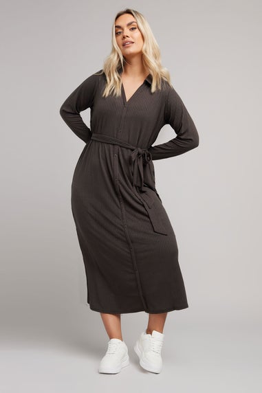 Yours Curve Chocolate Brown Button Front Ribbed Tie Waist Midi Dress