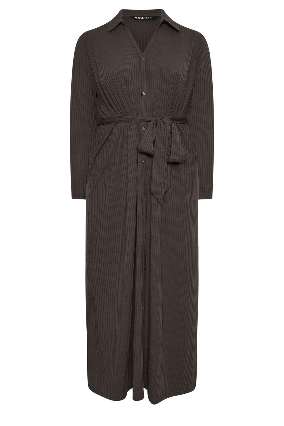 Yours Curve Chocolate Brown Button Front Ribbed Tie Waist Midi Dress