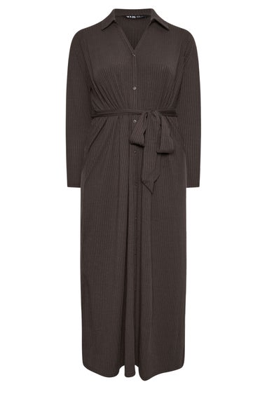 Yours Curve Chocolate Brown Button Front Ribbed Tie Waist Midi Dress