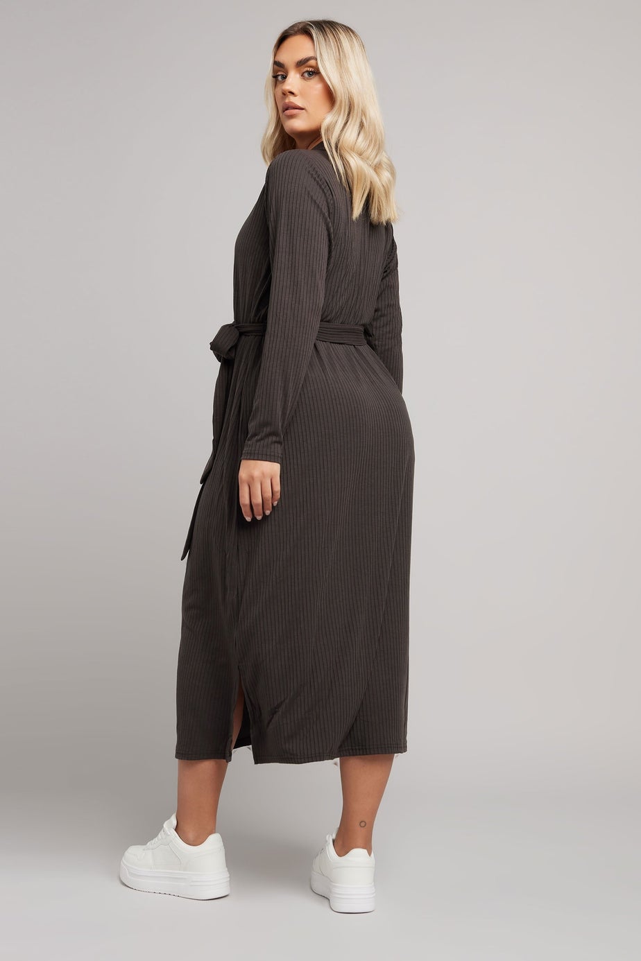 Yours Curve Chocolate Brown Button Front Ribbed Tie Waist Midi Dress