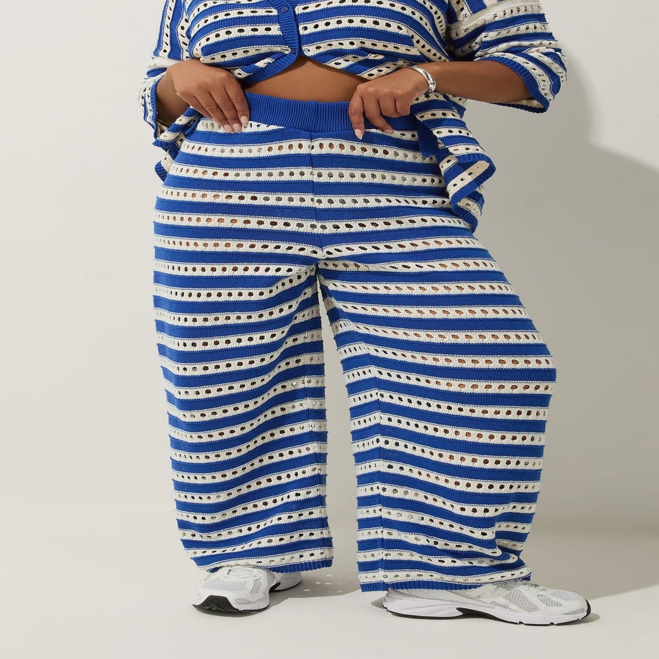 Yours Limited Collection Curve Blue & White Stripe Crochet Trousers