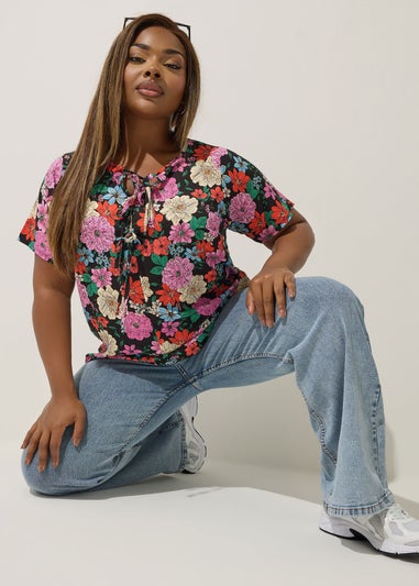 LIMITED COLLECTION Curve Black Floral Bow Tie Front Blouse