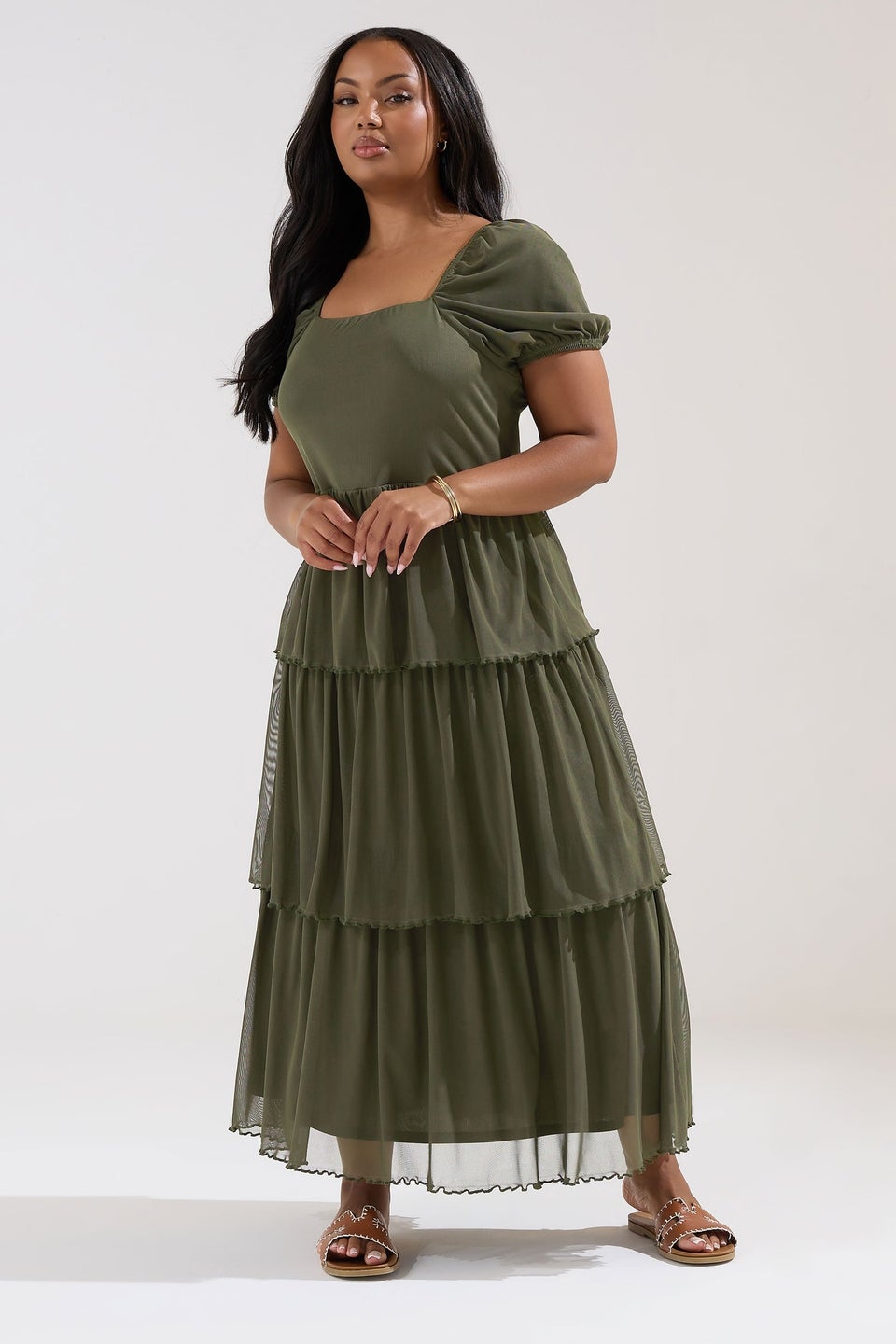 Yours Curve Khaki Green Tiered Maxi Dress