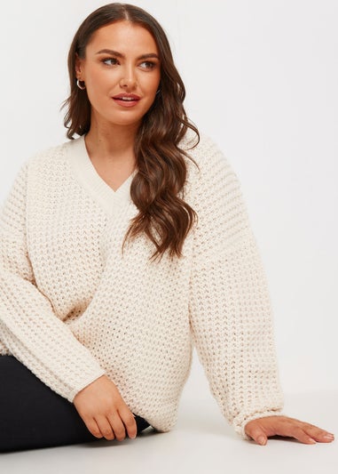 YOURS Curve Ivory White Waffle Knit V-Neck Jumper
