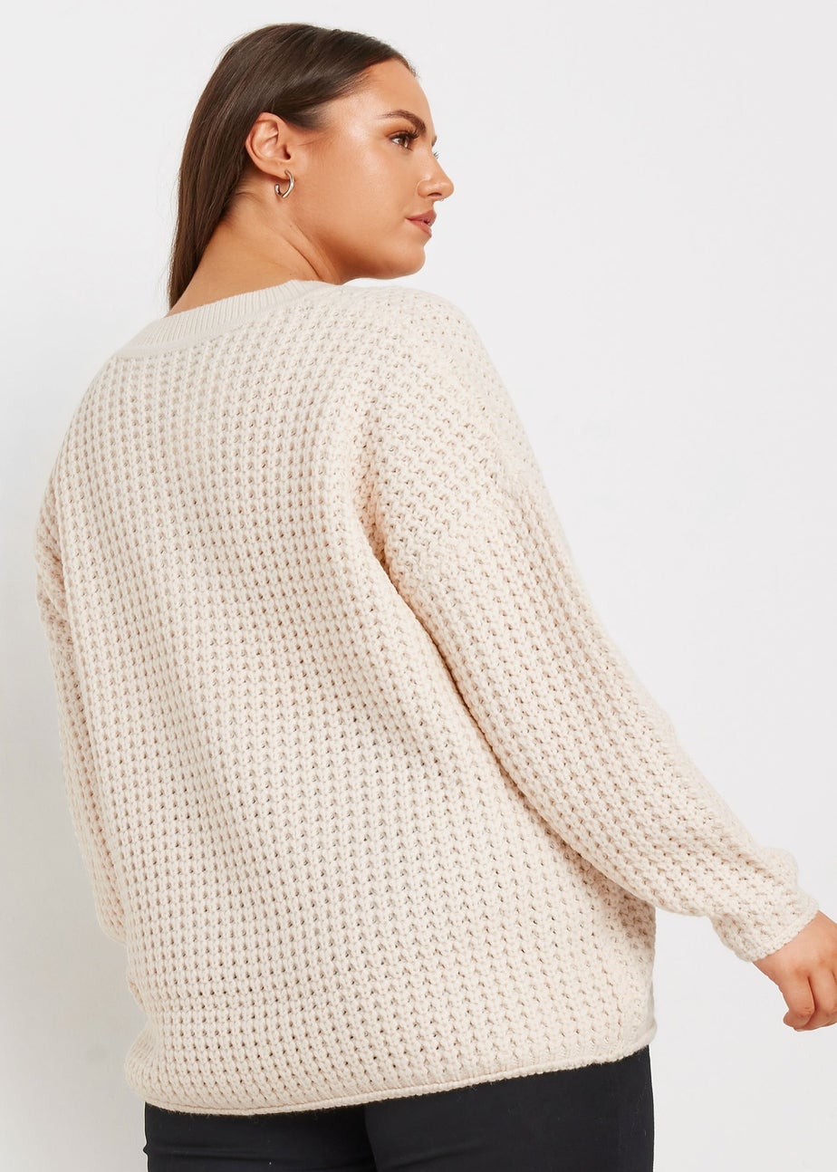 YOURS Curve Ivory White Waffle Knit V-Neck Jumper