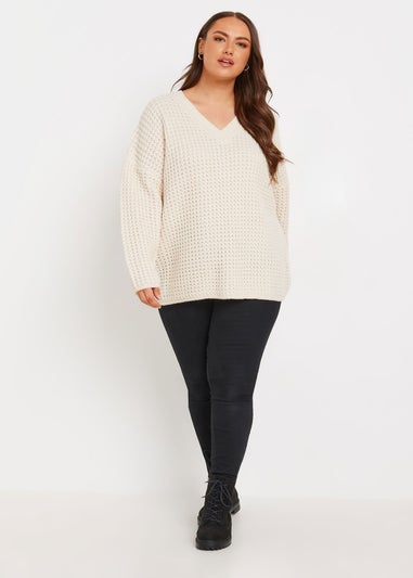 YOURS Curve Ivory White Waffle Knit V-Neck Jumper