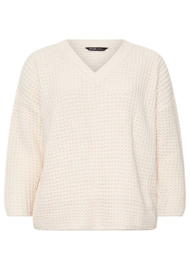 YOURS Curve Ivory White Waffle Knit V-Neck Jumper