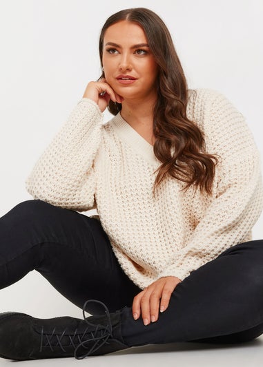 YOURS Curve Ivory White Waffle Knit V-Neck Jumper