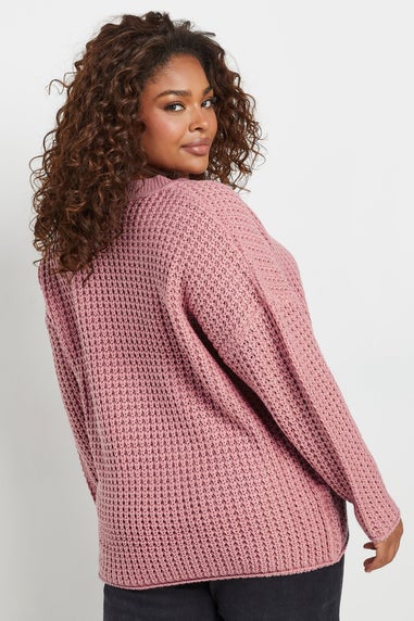YOURS Curve Pink Waffle Knit V-Neck Jumper