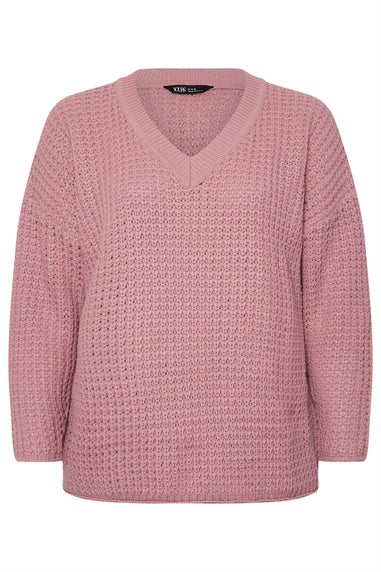 YOURS Curve Pink Waffle Knit V-Neck Jumper