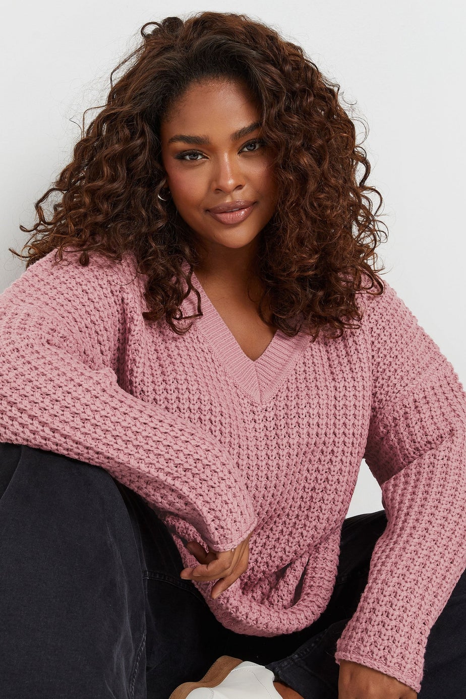 YOURS Curve Pink Waffle Knit V-Neck Jumper