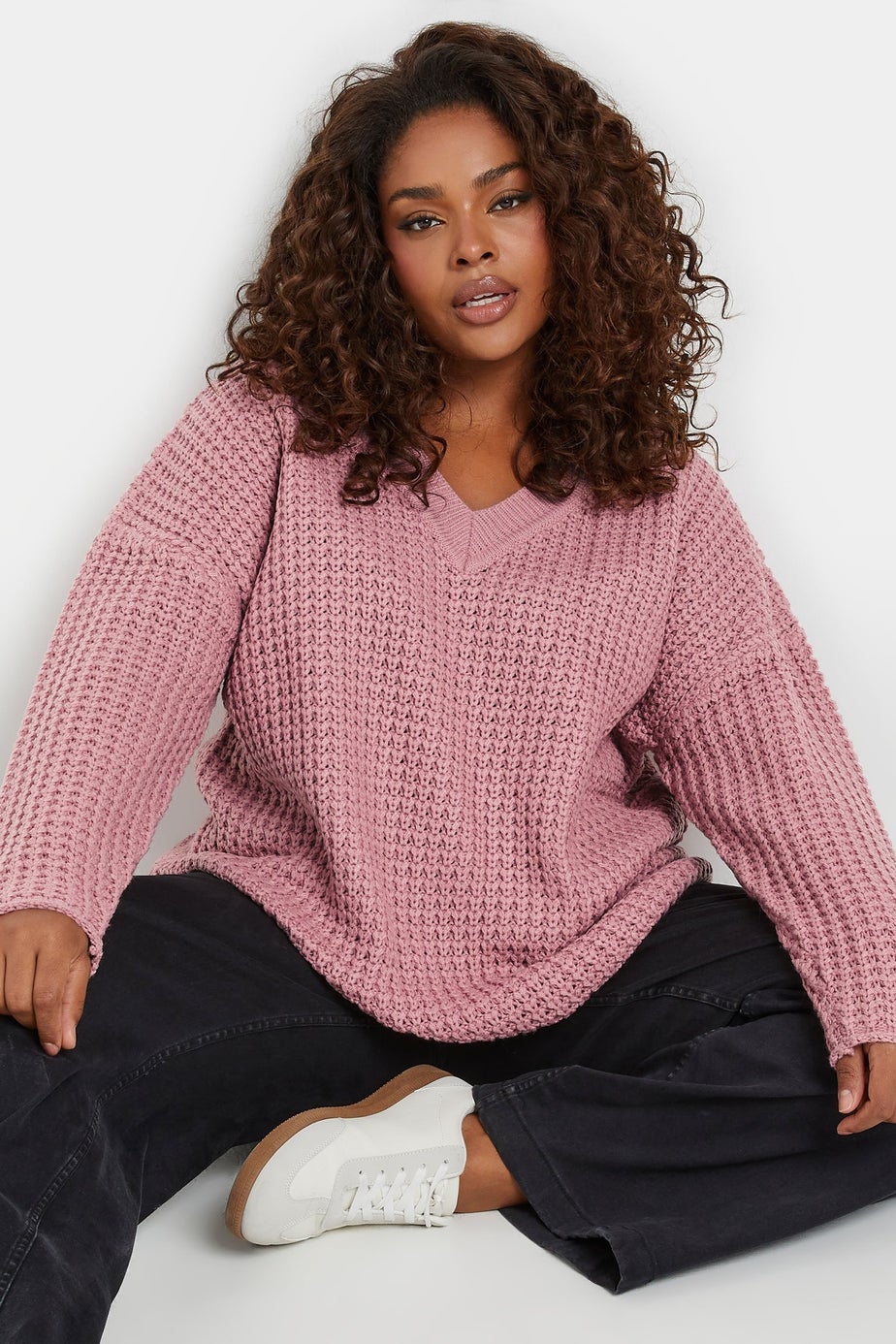 YOURS Curve Pink Waffle Knit V-Neck Jumper