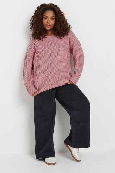 YOURS Curve Pink Waffle Knit V-Neck Jumper