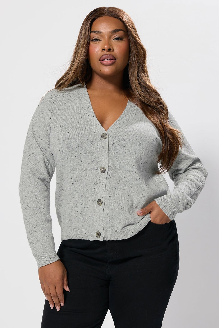 Yours Curve Grey Speckled Button Through Cardigan
