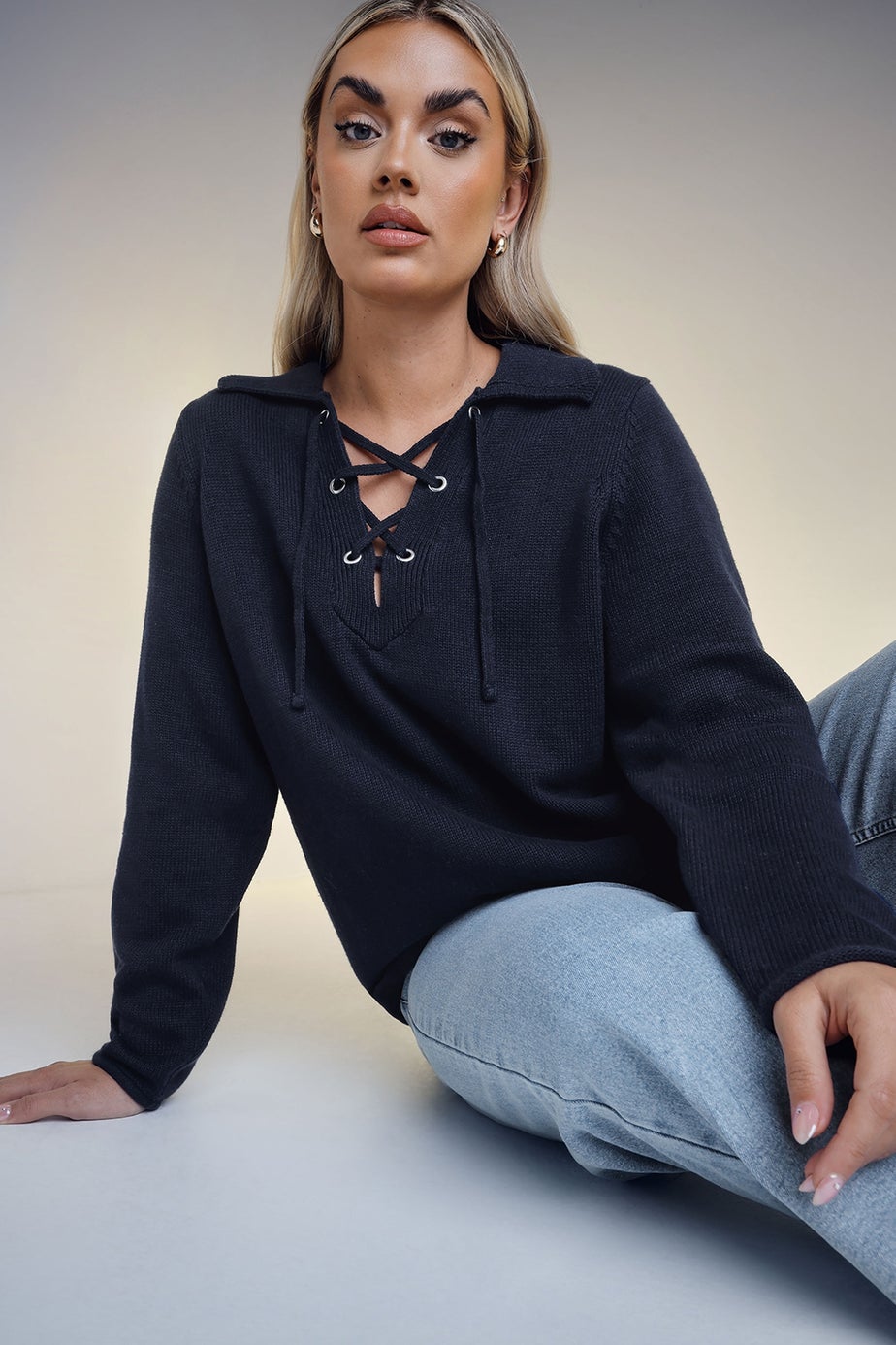 YOURS Curve Navy Blue Tie Neck Jumper