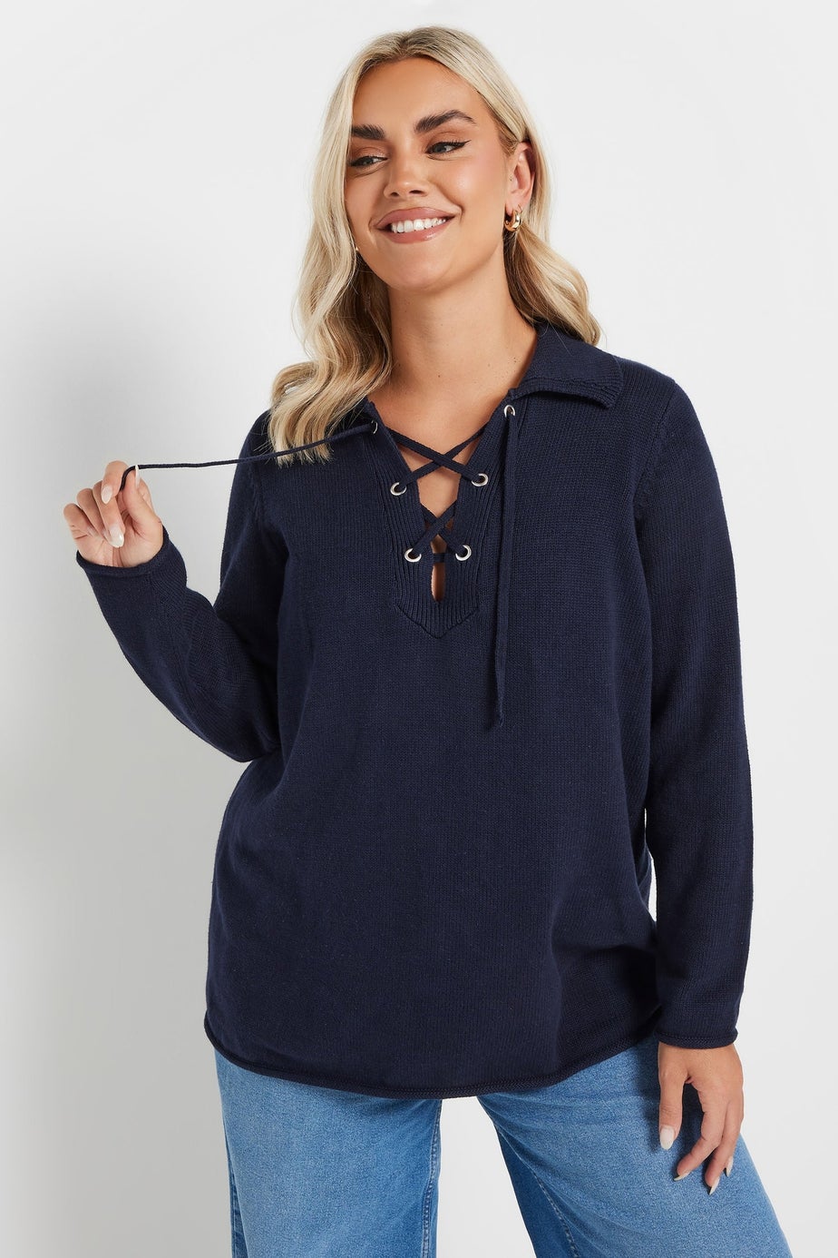 YOURS Curve Navy Blue Tie Neck Jumper