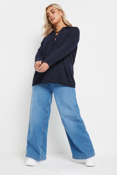 YOURS Curve Navy Blue Tie Neck Jumper