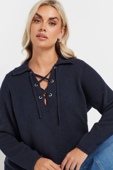 YOURS Curve Navy Blue Tie Neck Jumper