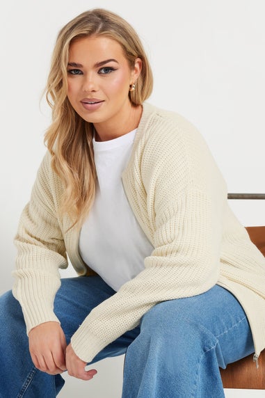 Yours Curve Cream Knitted Bomber Cardigan