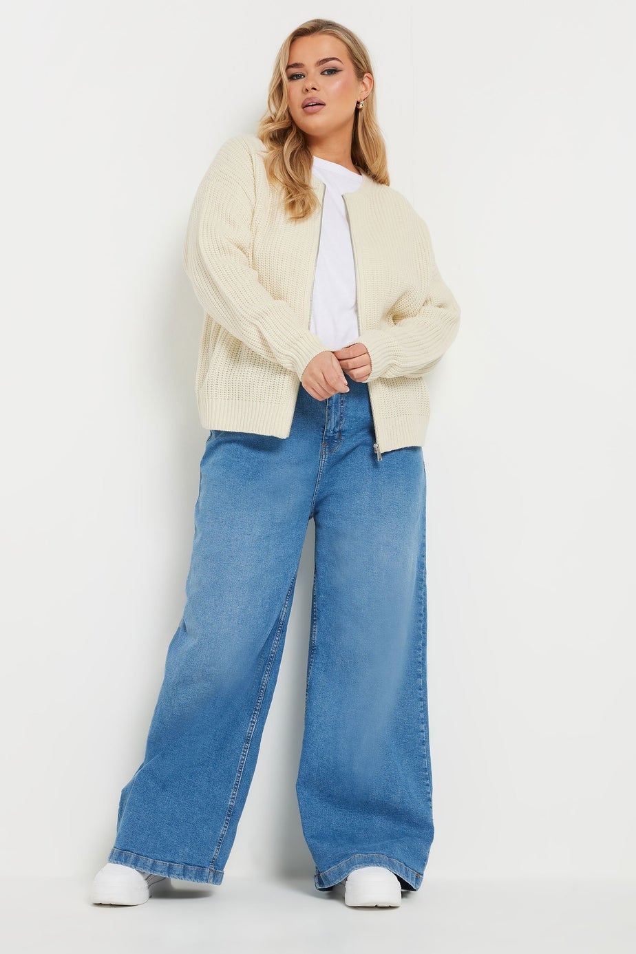 Yours Curve Cream Knitted Bomber Cardigan