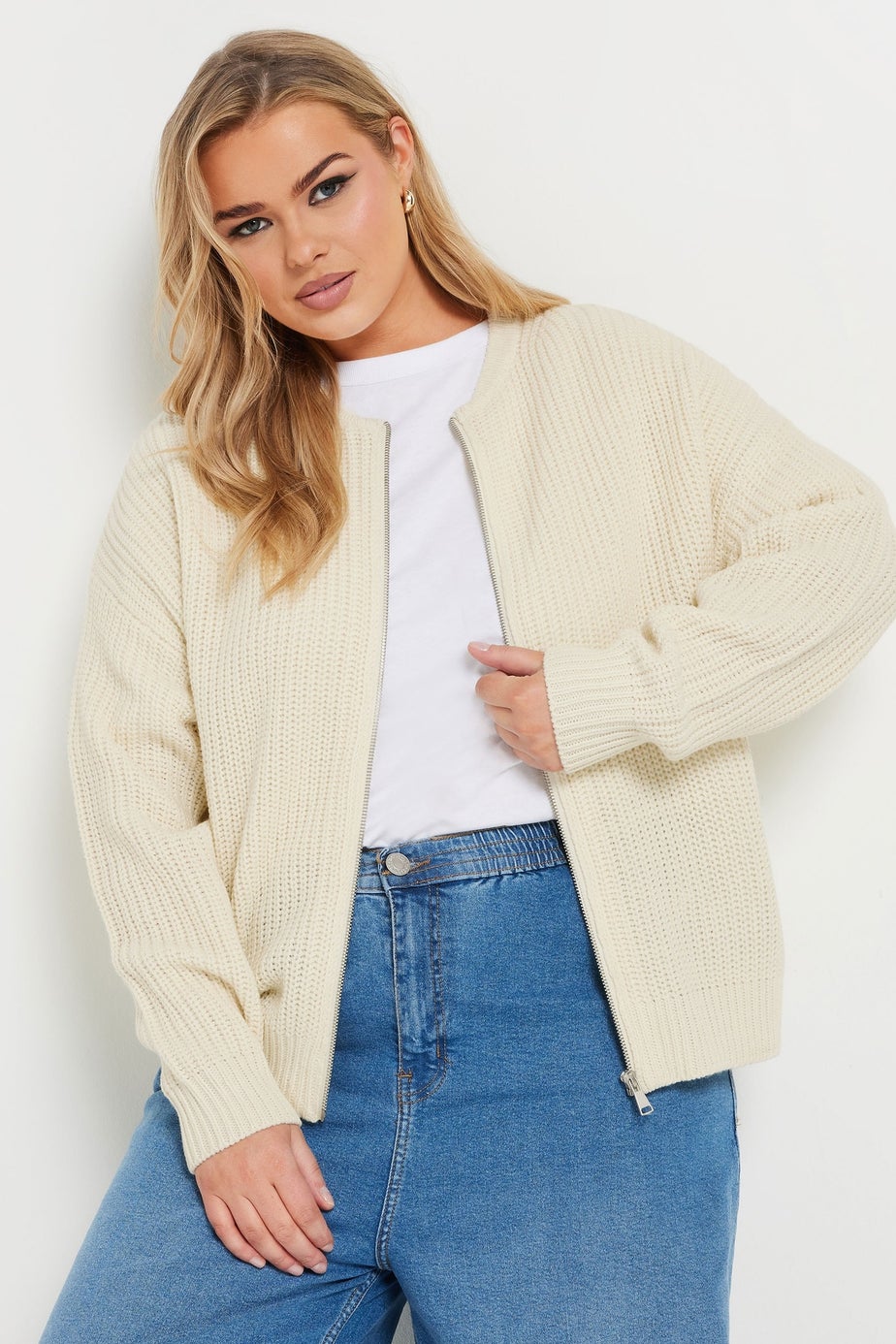 Yours Curve Cream Knitted Bomber Cardigan