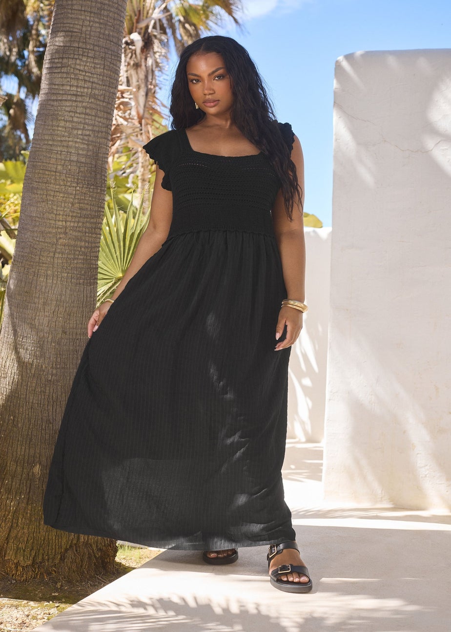 Yours Curve Black Crochet Detail Woven Dress