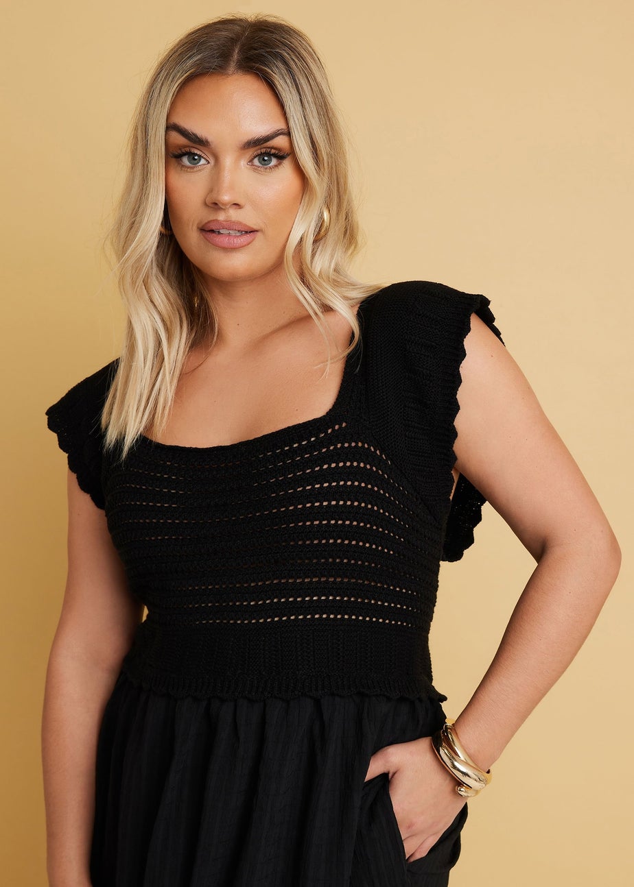 Yours Curve Black Crochet Detail Woven Dress