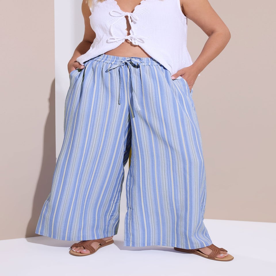 Yours Curve Blue Textured Stripe Wide Leg Trousers