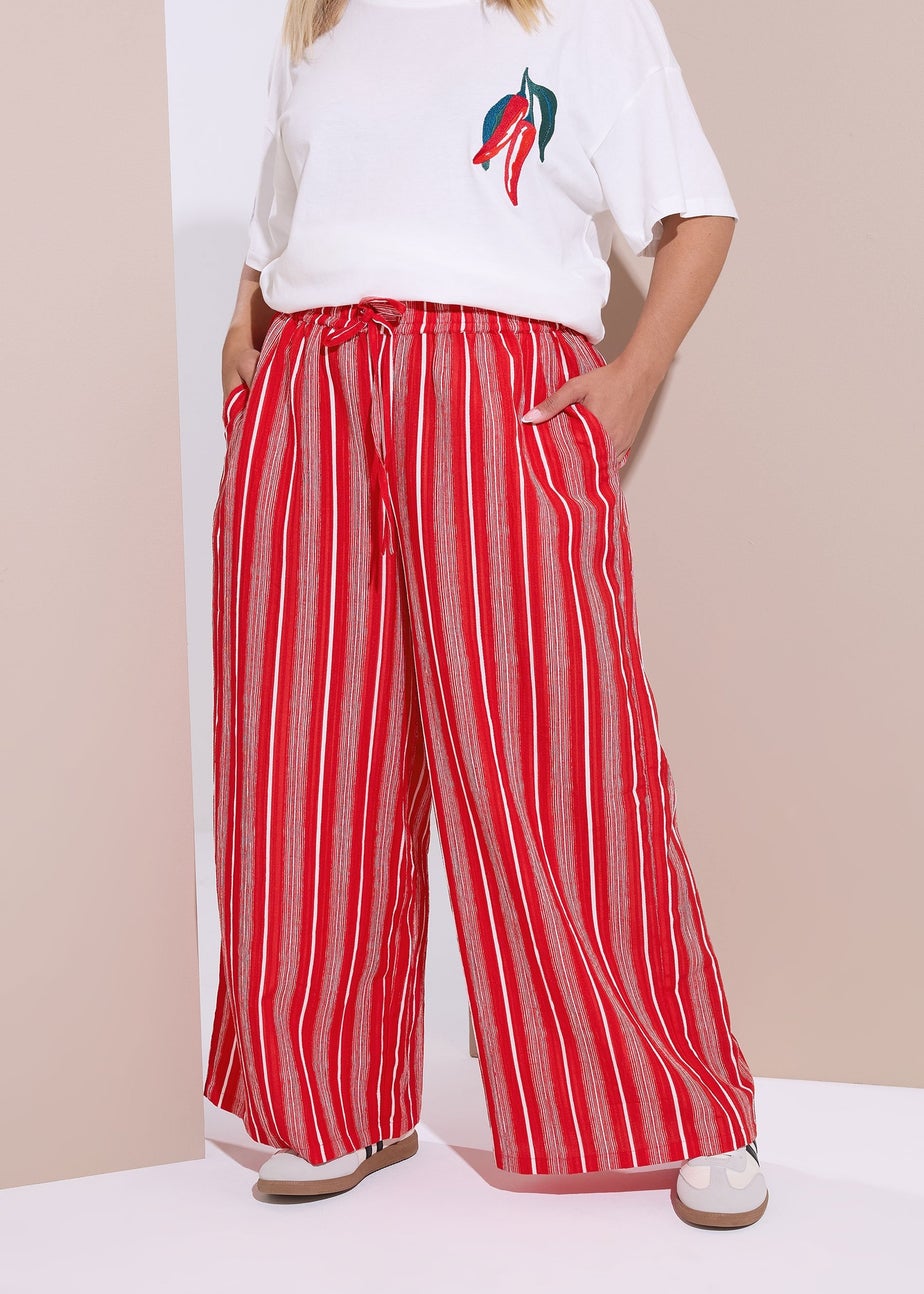 Yours Curve Red Textured Stripe Wide Leg Trousers