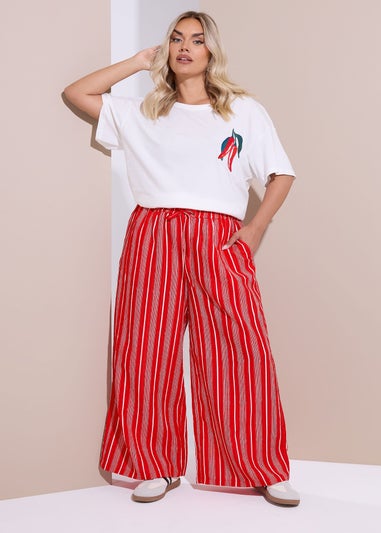 Yours Curve Red Textured Stripe Wide Leg Trousers