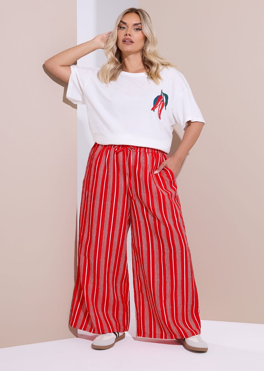 Yours Curve Red Textured Stripe Wide Leg Trousers