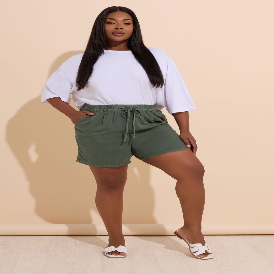 Yours Curve Khaki Green Chambray Shorts