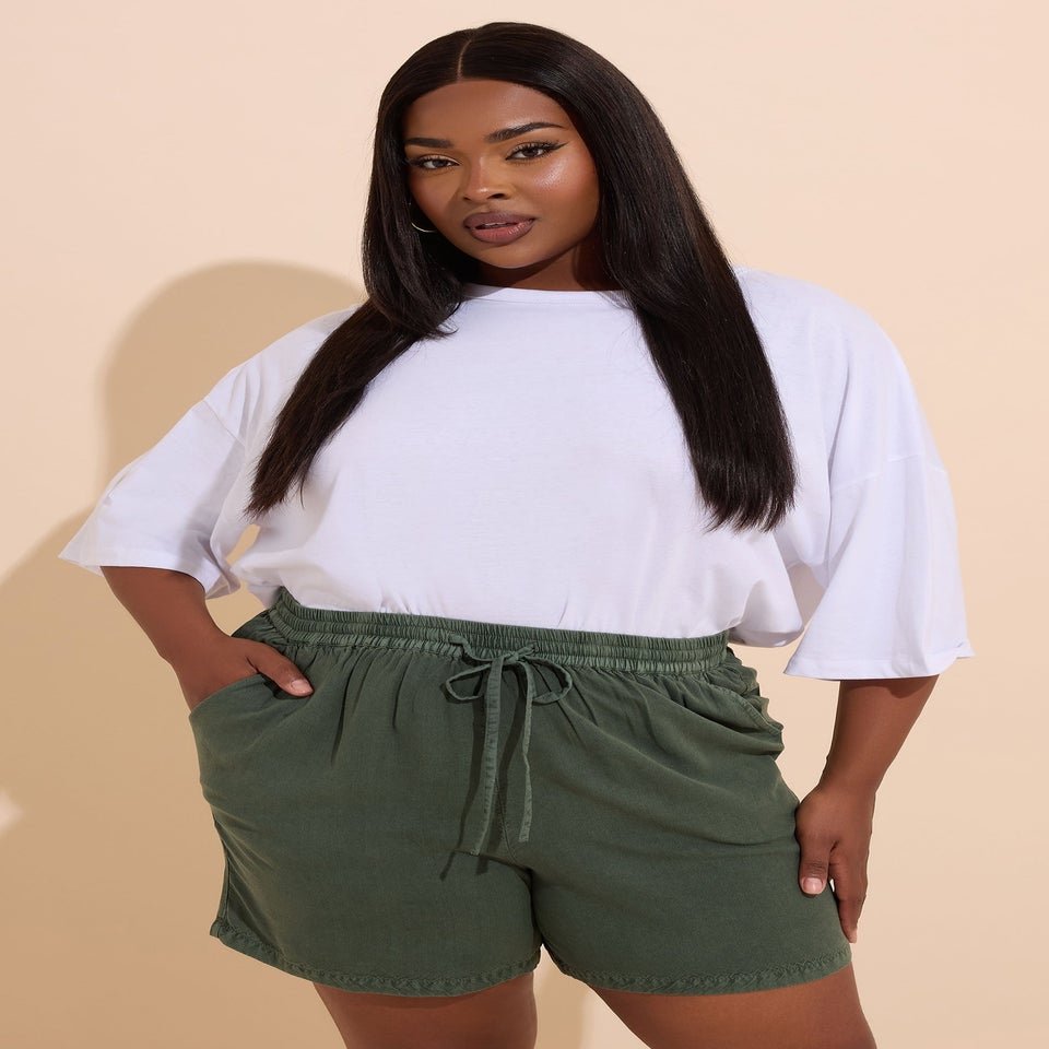 Yours Curve Khaki Green Chambray Shorts
