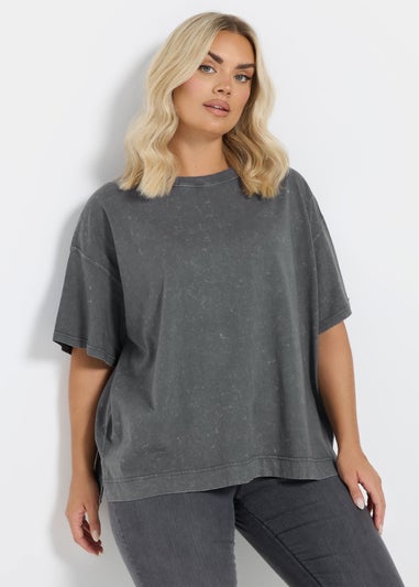 Yours Curve Grey Acid Wash Heavyweight Boxy T-Shirt