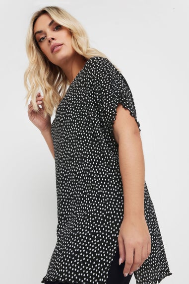 Yours Curve Black & White Polka Dot Print Plisse T-Shirt